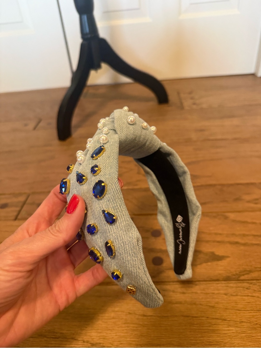 Brianna Cannon denim headband with red, blue and pearl accents - Picture 2 of 6